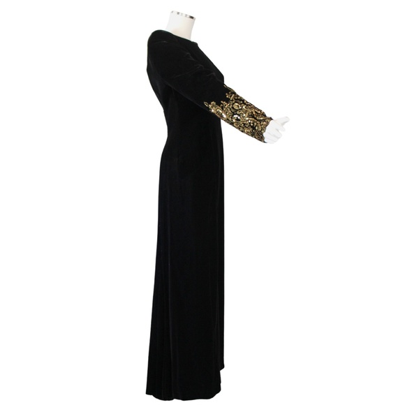VINTAGE 1980s Victor Costa Velvet Gown | Rear Deep-v | Sequin Design - Size 8 - Picture 5 of 8